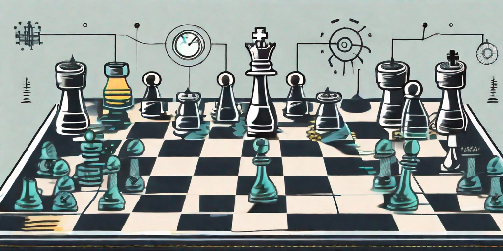 A chessboard with various startup-related symbols as chess pieces