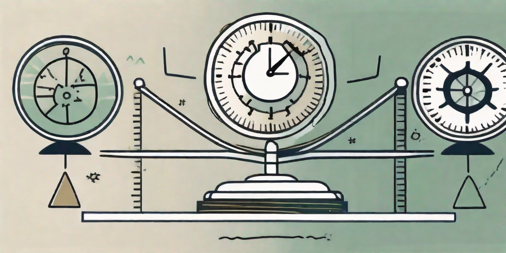 A balanced scale with symbols of project management tools on one side (like a clock