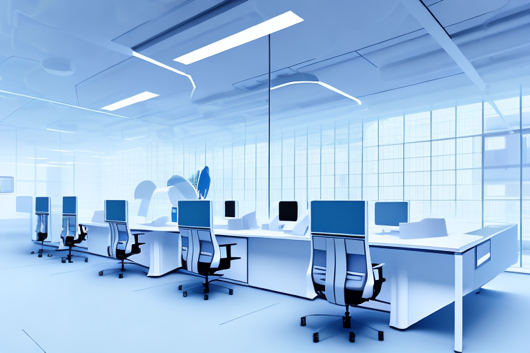 A futuristic office space with automated machines performing various hr tasks such as analyzing data