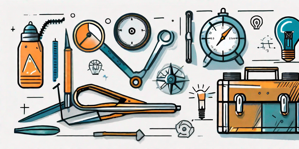 A toolbox with various tools like a compass