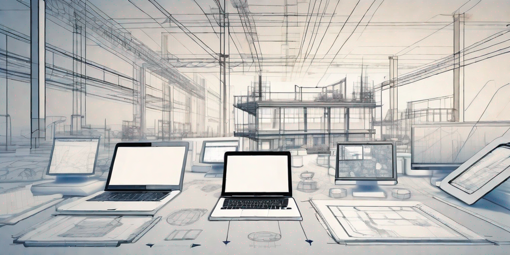 A construction site with various technological devices like tablets and computers