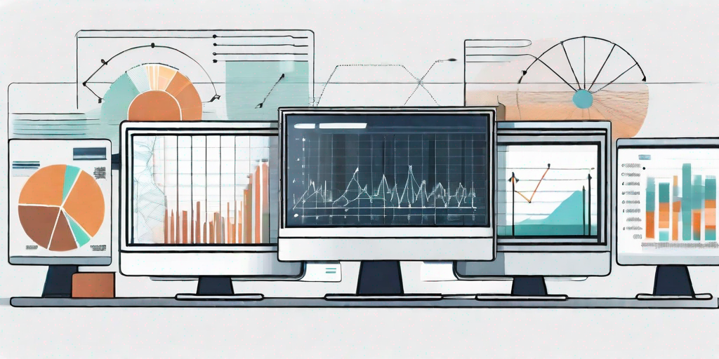 Several computer screens displaying various stages of a software development project