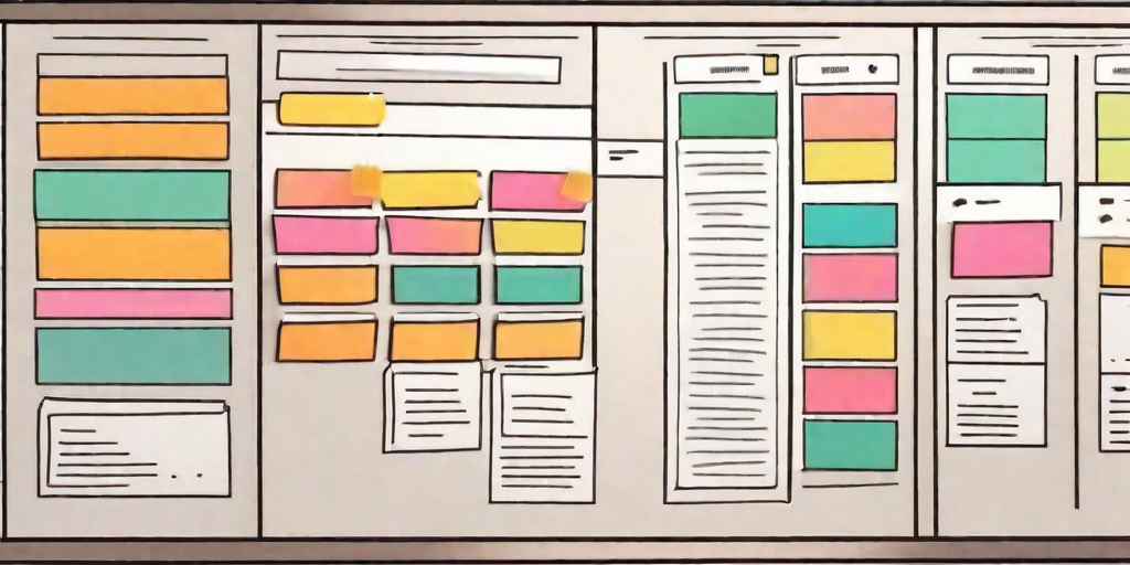 A detailed and organized kanban board with different stages and colorful sticky notes