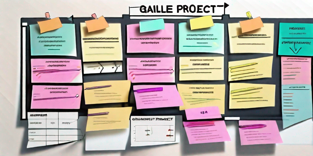 A dynamic agile project tracker board with various colorful sticky notes