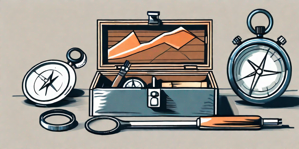 A toolbox with various tools such as a compass