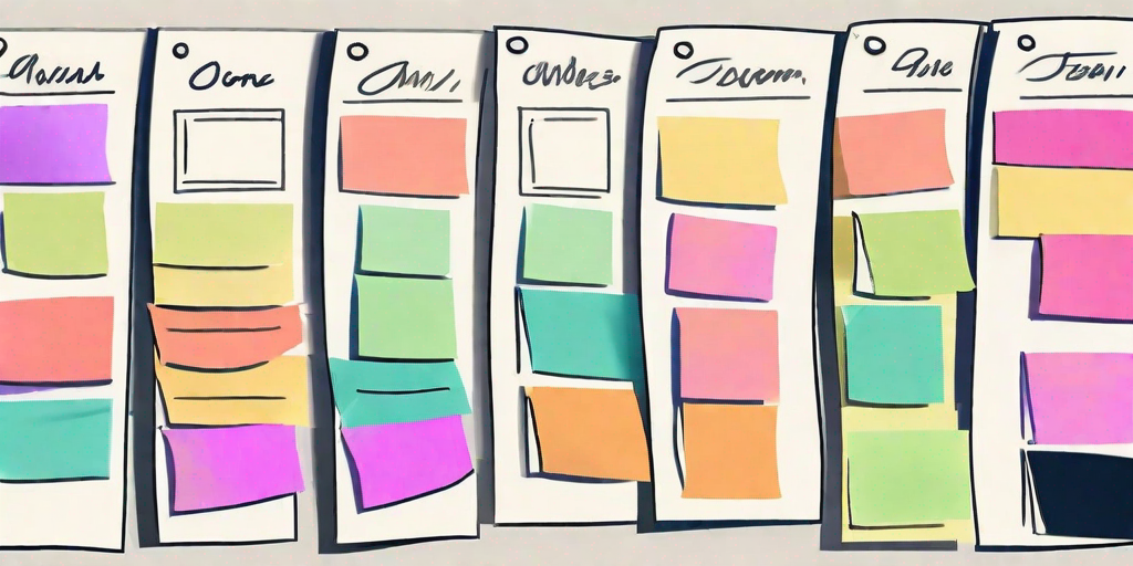 A kanban board filled with sticky notes of different colors