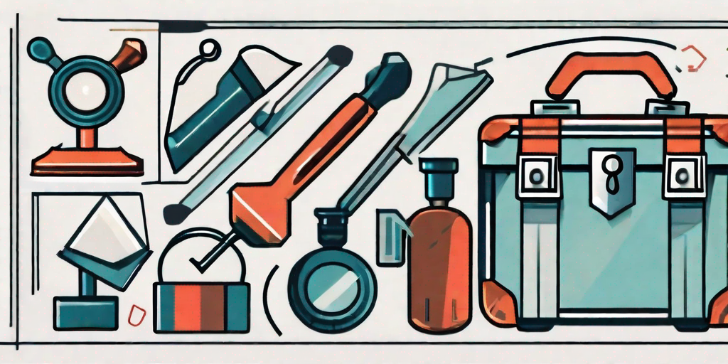 A toolbox filled with symbolic tools such as a gavel