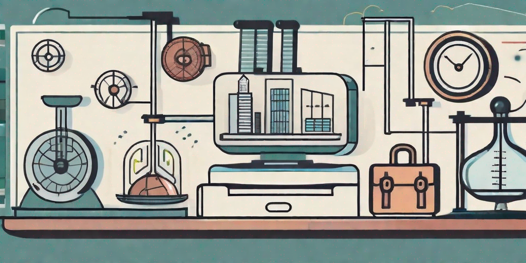 A balanced scale with a gear mechanism on one side representing the management solution and various business-related icons like buildings