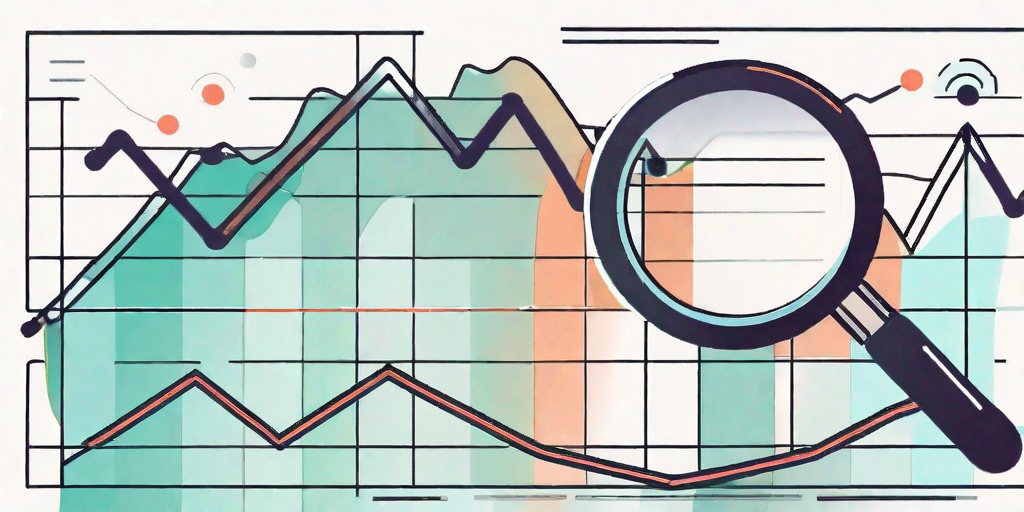 A magnifying glass hovering over a line graph that represents a positive trend