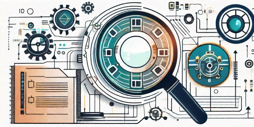 A magnifying glass hovering over a digital document surrounded by various technological icons such as gears