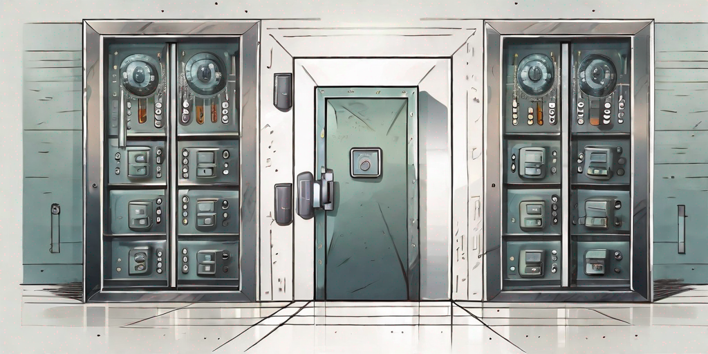 A secure vault door with various digital locks and keys