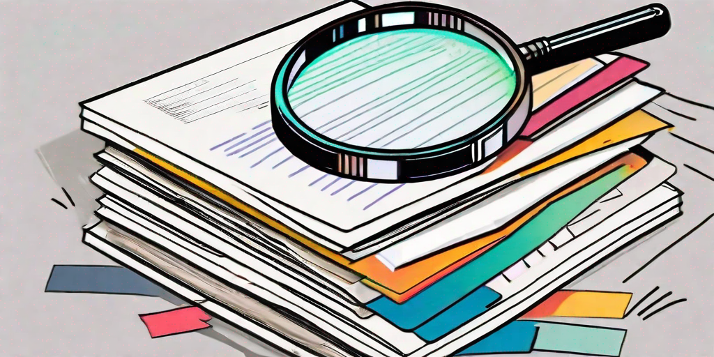 A magnifying glass hovering over a stack of documents with various colorful tags sticking out from them