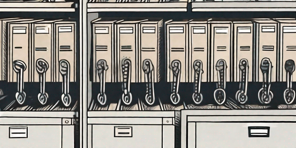 A system of gears and levers operating a filing cabinet filled with financial documents