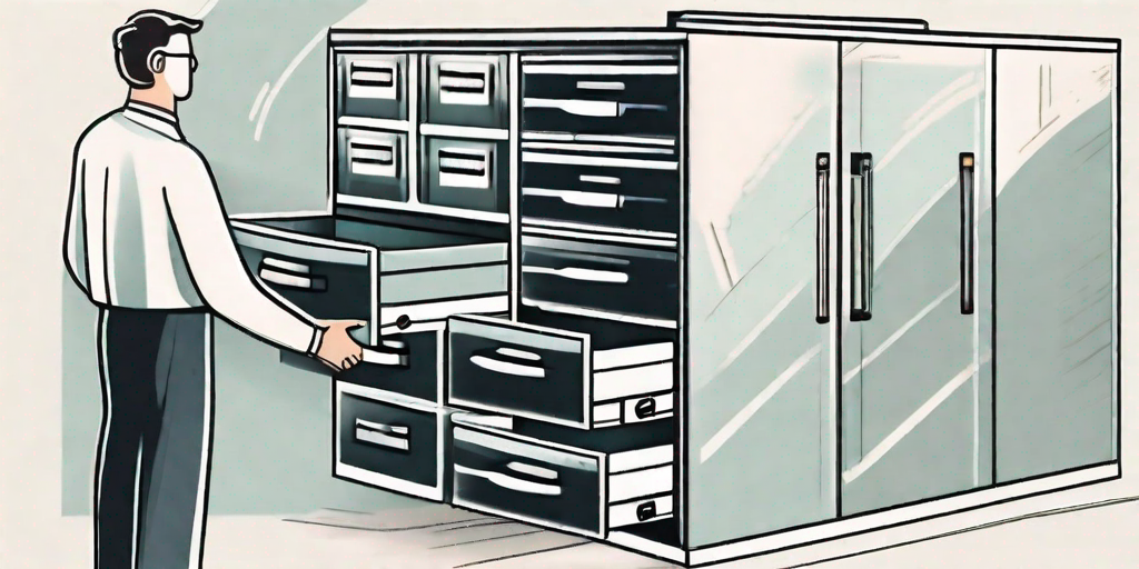 A digital filing cabinet with files being efficiently organized and retrieved by mechanical arms