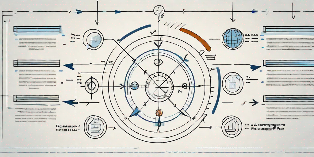 A blueprint with various project management symbols like a timeline