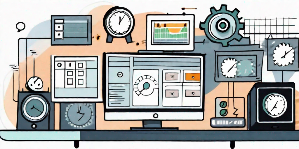 A desktop computer with various project management software interfaces displayed on the screen