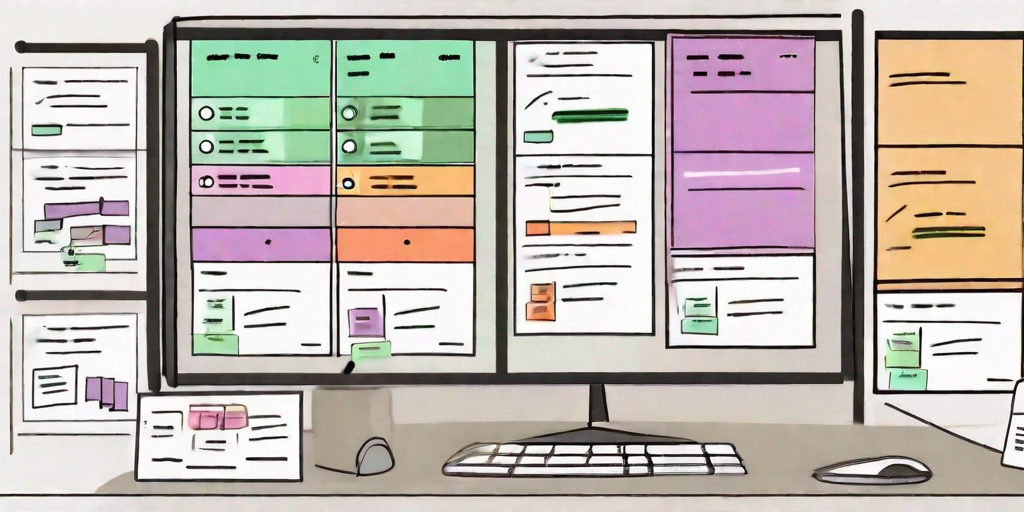 A digital kanban board with various colored cards in different stages of a software development process