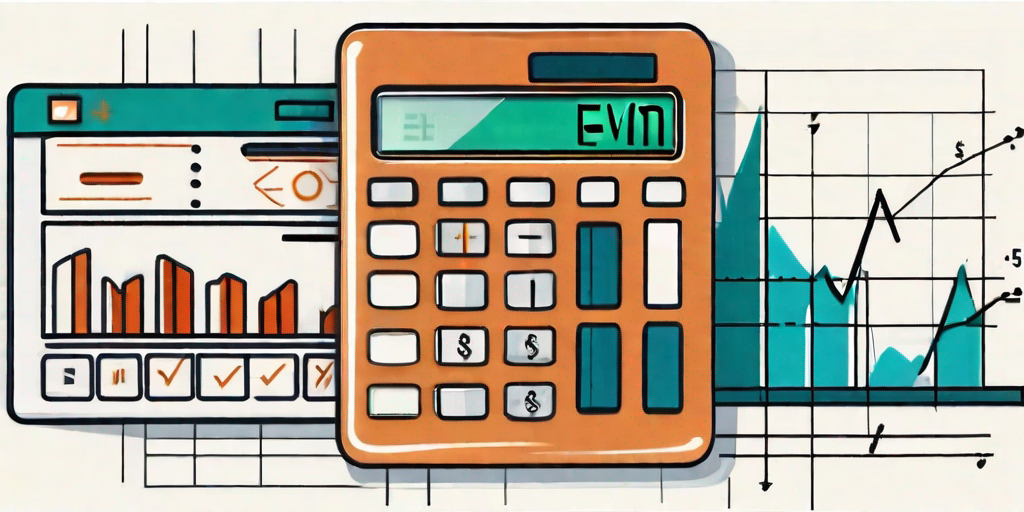 A calculator and a chart with graphs to symbolize the process of calculating earned value management (evm) metrics