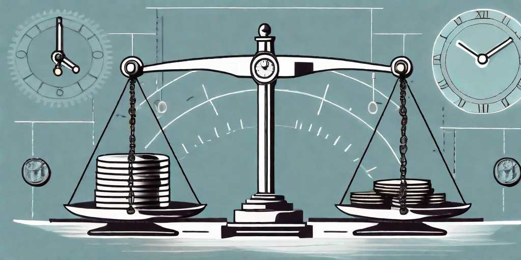 A balancing scale with project symbols like a blueprint