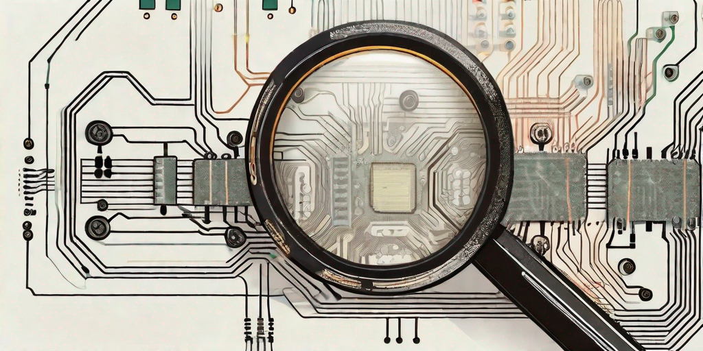 A magnifying glass focusing on a computer circuit board