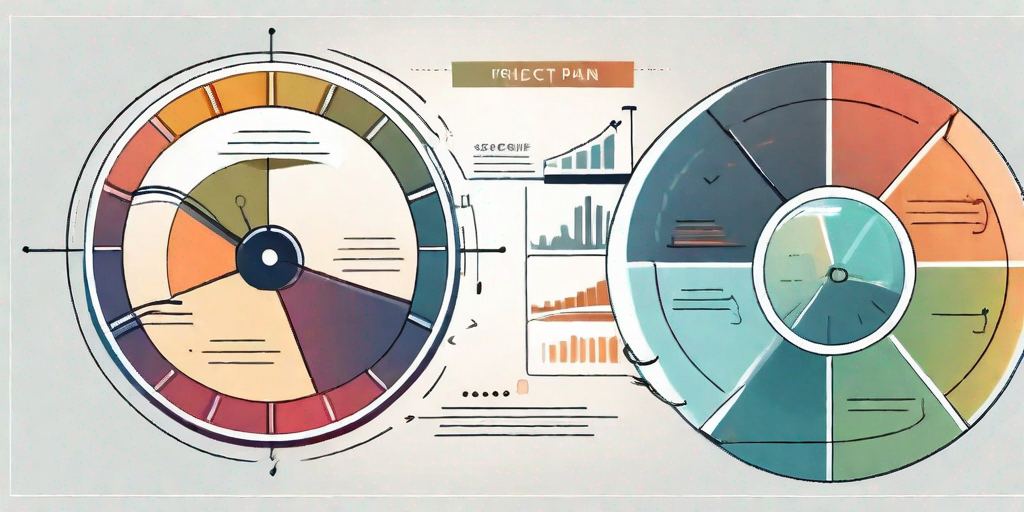 A dynamic project plan with various elements like a magnifying glass over a pie chart