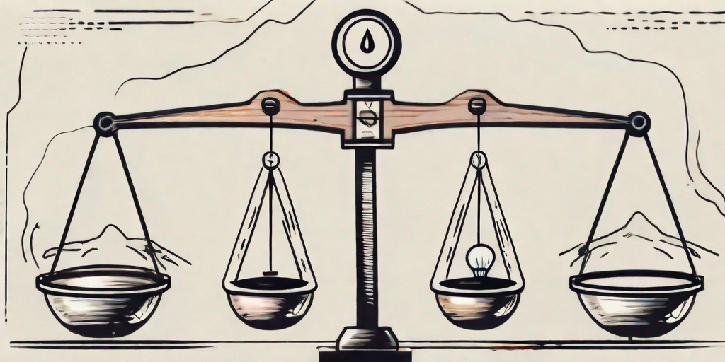 A balance scale with various symbols of potential risks (like fire