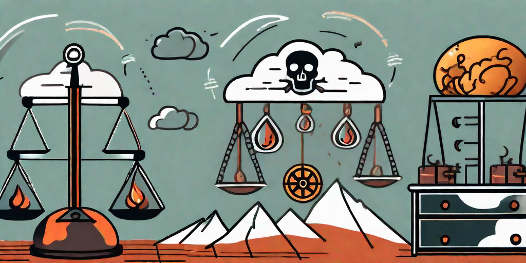 A balance scale with various symbols of potential risks on one side