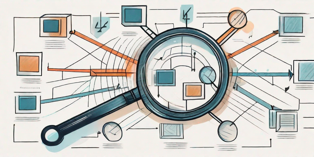 A magnifying glass scrutinizing a flowchart with various interconnected boxes and arrows