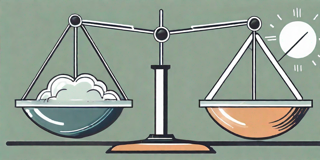 A balance scale with one side showing a storm (symbolizing risk impact) and the other side showing a target (symbolizing likelihood)
