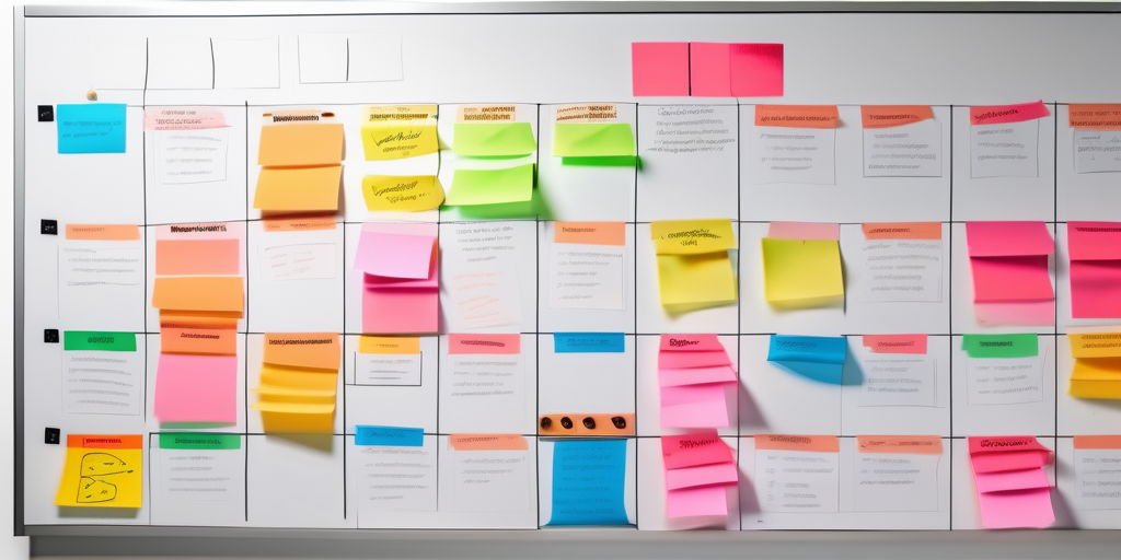 A large-scale scrum board with various color-coded sticky notes