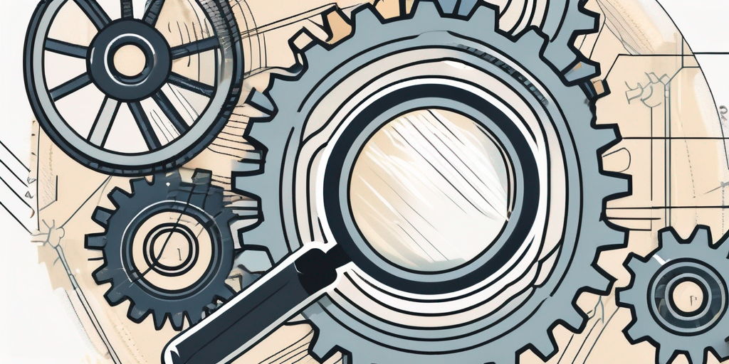 A magnifying glass examining a series of interconnected gears