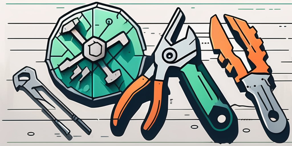 A crumbling software icon being repaired by tools like a wrench and screwdriver