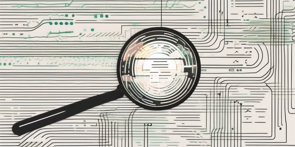 A magnifying glass hovering over a computer screen displaying lines of code