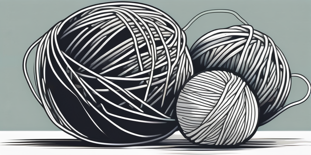 A tangled ball of yarn next to a neatly rolled one