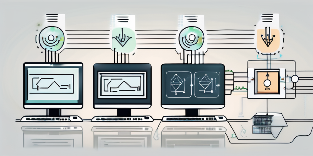 Several computers linked together with lines representing data flow