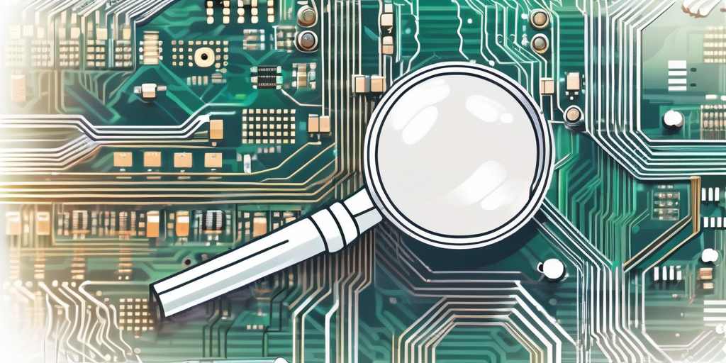 A magnifying glass hovering over a computer circuit board
