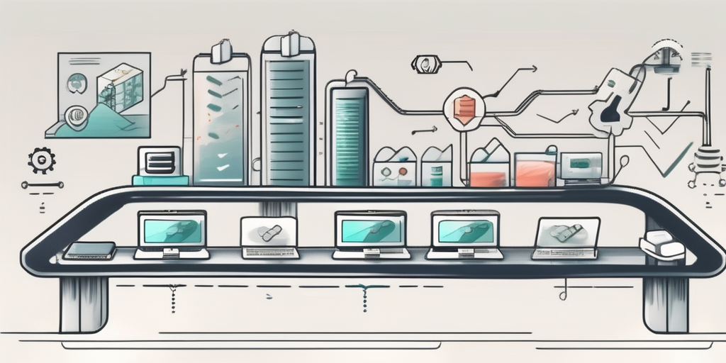 A conveyor belt with various stages of software development (coding