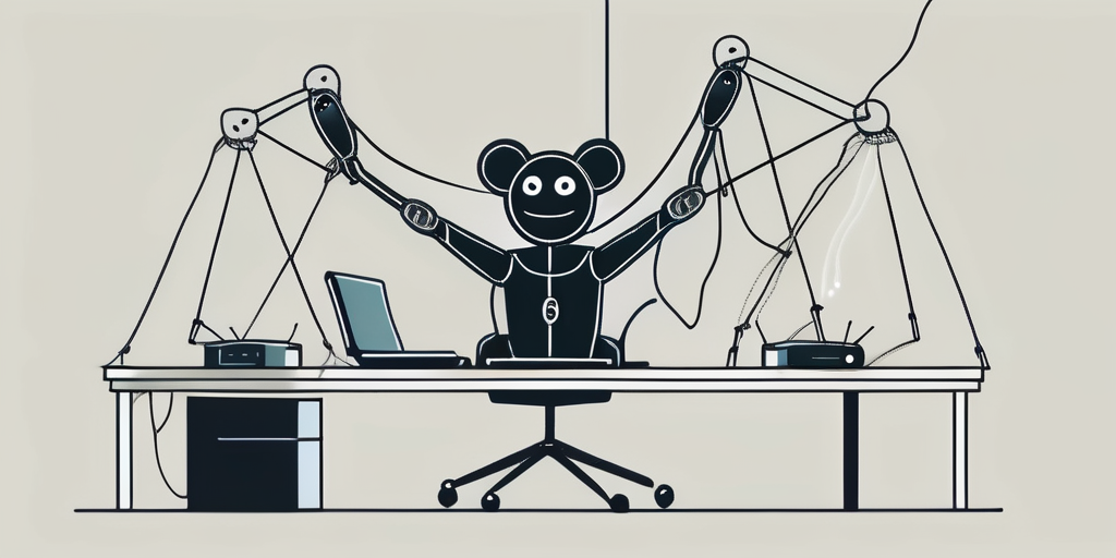 A puppet on strings being manipulated by a computer mouse