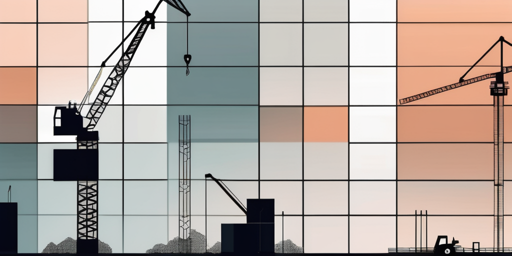 A construction crane building blocks of code on a digital landscape