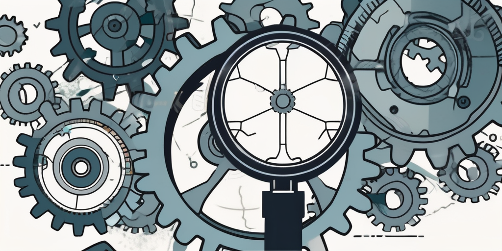 A magnifying glass focusing on a broken gear within a complex mechanism