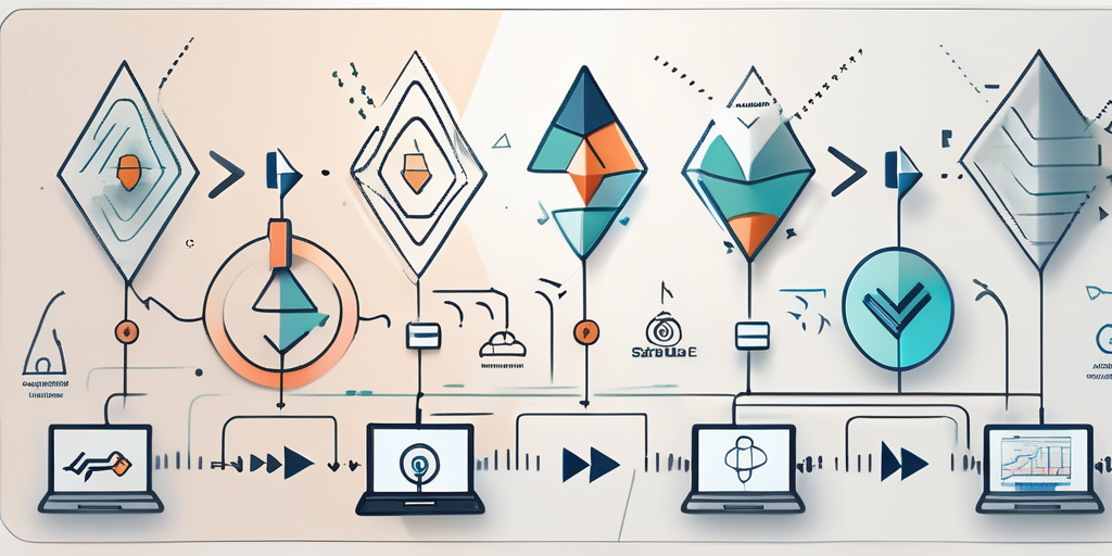 Various software icons interconnected with flowing arrows to signify the dynamic and adaptable nature of agile transformation in software development