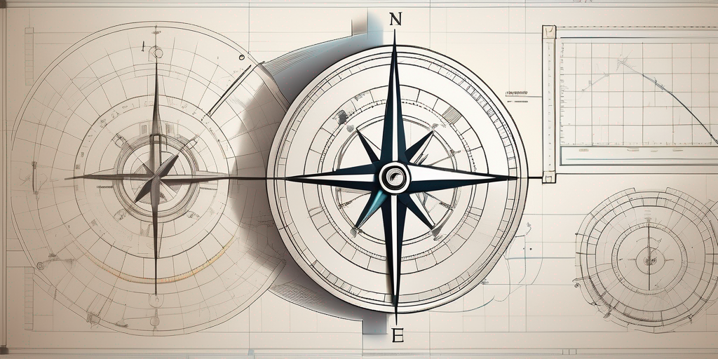 A detailed blueprint with various engineering tools like a compass