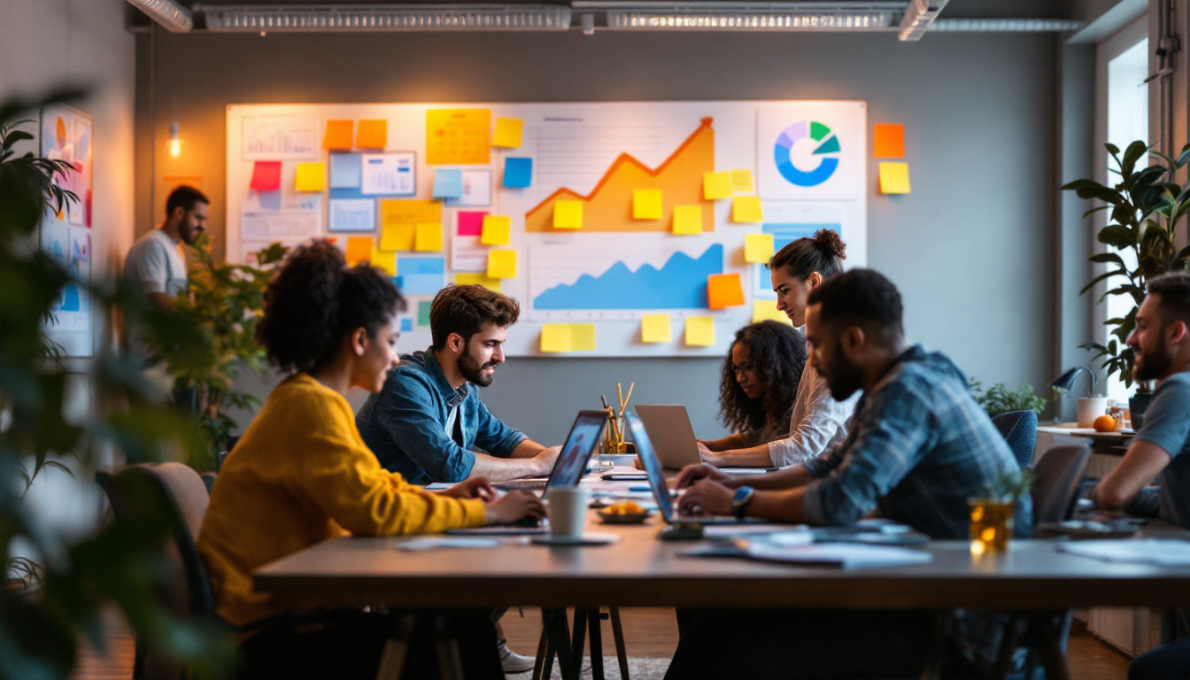 A photograph of a dynamic workspace featuring a diverse group of entrepreneurs collaborating over laptops and digital devices