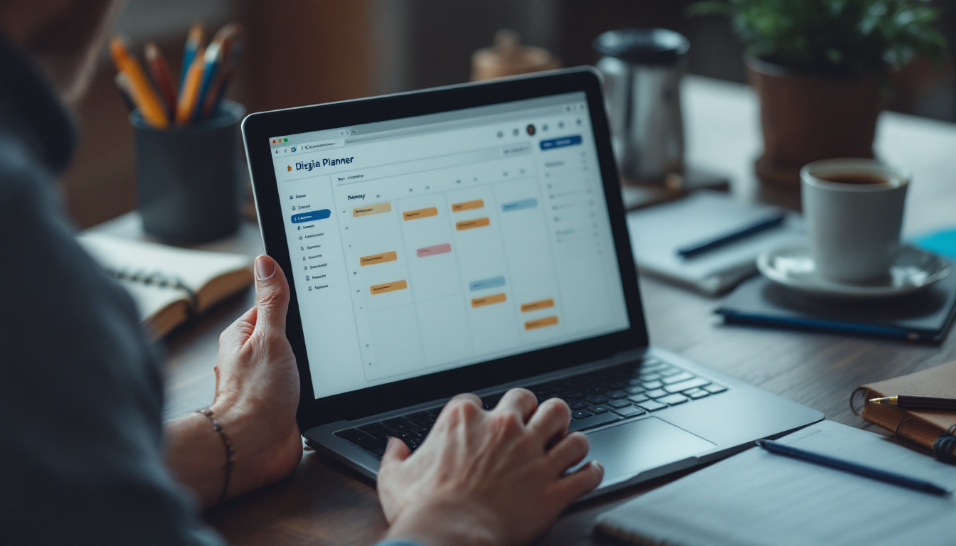 A photograph of a person actively engaging with a digital planner on a laptop or tablet