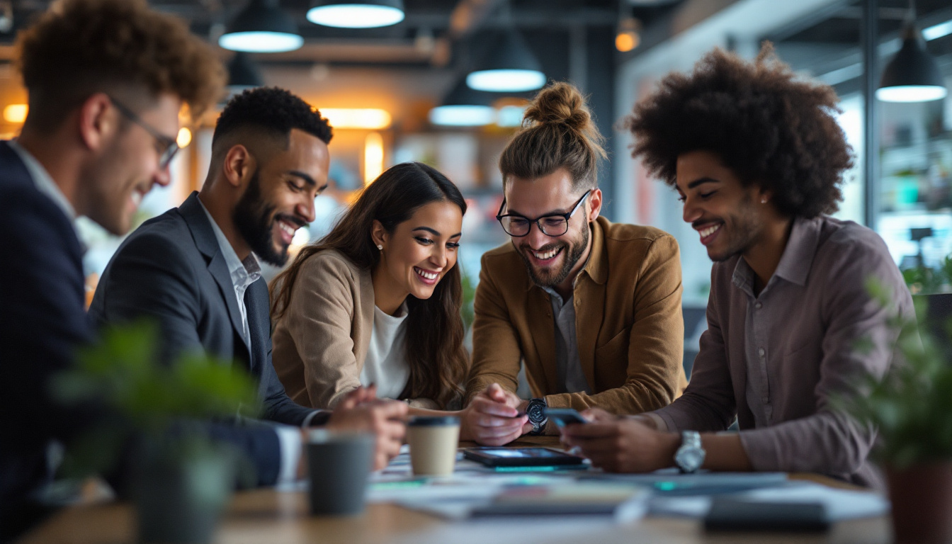 A photograph of a diverse group of professionals enthusiastically collaborating in a modern workspace