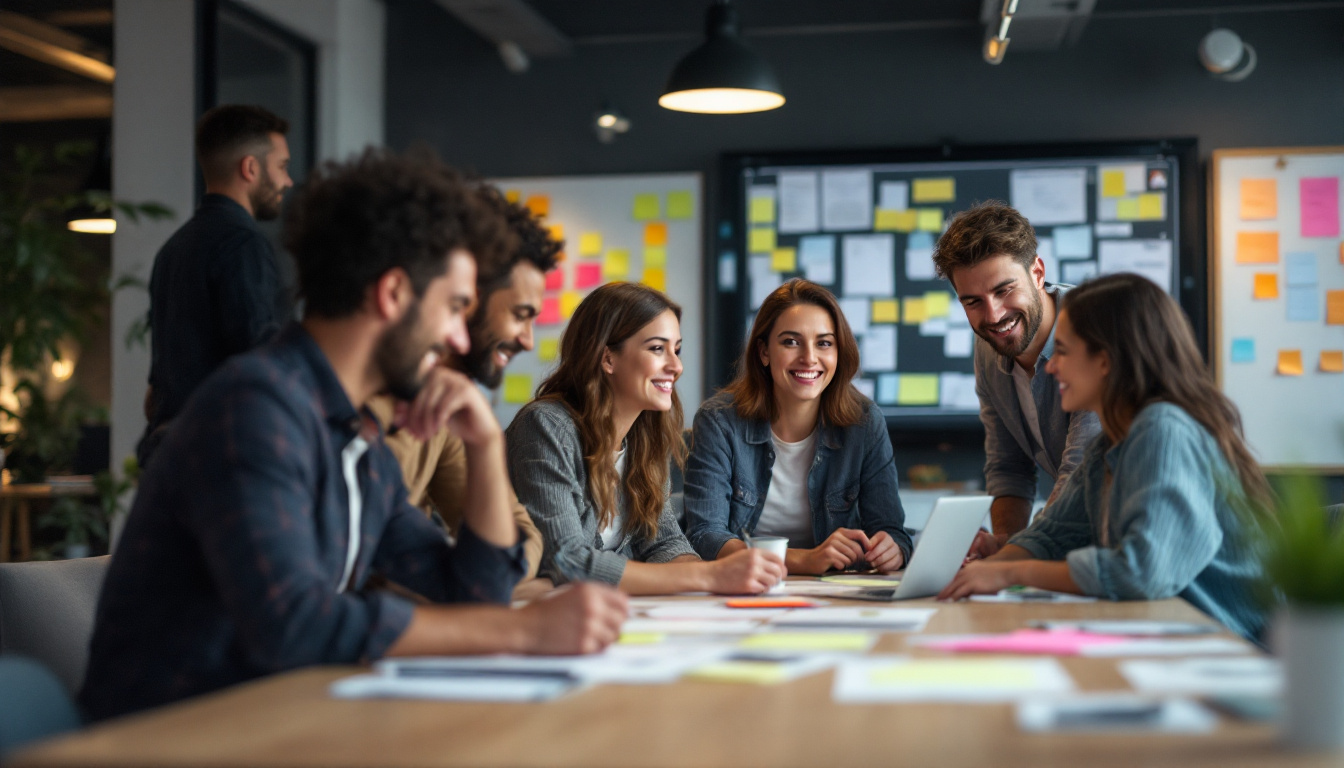 A photograph of a dynamic team collaborating in a modern office setting