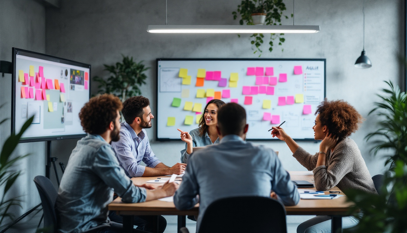 A photograph of a diverse team of professionals engaged in a collaborative brainstorming session around a digital workspace