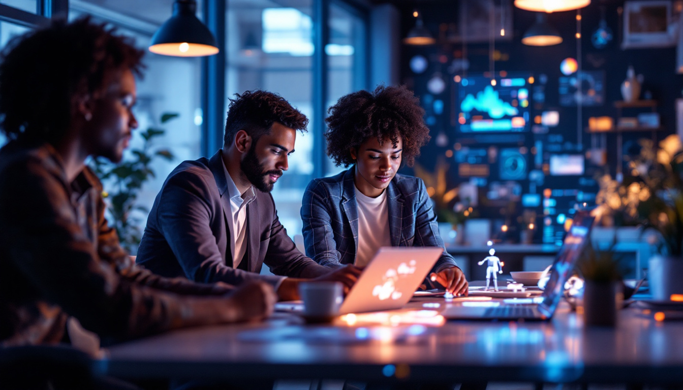 A photograph of a diverse team of professionals collaborating around a digital workspace