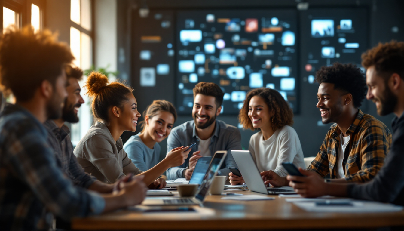 A photograph of a diverse group of individuals engaged in a lively discussion around digital media