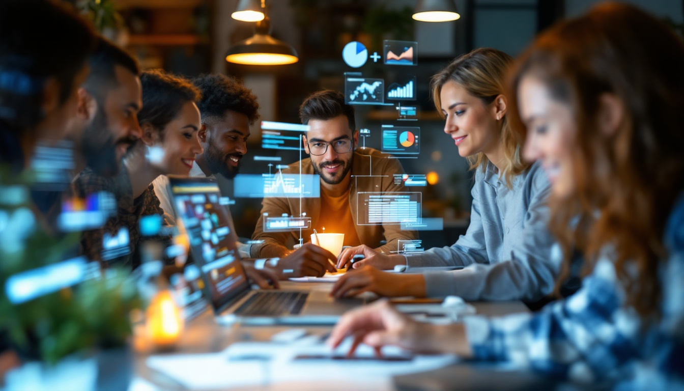 A photograph of a diverse group of professionals collaborating around a digital workspace